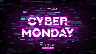 Siber Pazartesi Satışı geçmişi. Dekorasyon siber pazartesi satışının parlak sembolü. Arka planda arıza efektiyle izole edilmiş. Neon Cyber Monday tabela sezonluk satışlar için arıza etkisi.