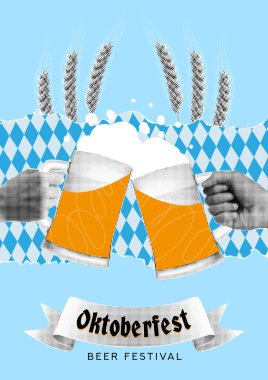 Oktoberfest dekorasyonu için yarım ton poster. Oktoberfest için vektör kesim elementleri. Yarı tonlu eller arka planda beyaz ve mavi eşkenar dörtgen ile büyük bira bardağı kaldırıyor..