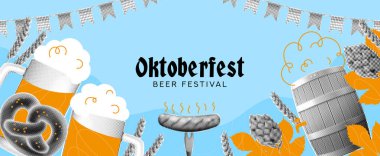Oktoberfest için son moda yatay kolaj. Dekorasyon afişleri, el ilanları, sosyal medya, reklamlar, etkinlikler, tatiller için yarım ton Oktoberfest öğeleriyle vektör ilüstrasyonu. Neşeli arkaplan.