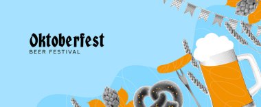 Oktoberfest için son moda yatay kolaj. Dekorasyon afişleri, el ilanları, sosyal medya, reklamlar, etkinlikler, tatiller için yarım ton Oktoberfest öğeleriyle vektör ilüstrasyonu. Neşeli arkaplan.