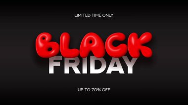 Kara Cuma için son moda pankart. Kara Cuma 'nın indirimli modern şişirilebilir metin sembolü. Kara Cuma satışı, tanıtımı, reklamı ve sosyal medya reklamı için tasarım şablonu.