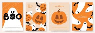 Mutlu Cadılar Bayramı posterleri. Kabaklı, hayaletli ve yarasalı düz vektör çizimi. Karikatür cadılar bayramı hediye kartı. Dekorasyon kapağı, afiş, kart, sosyal medya, etkinlik için moda tatil ilanları.