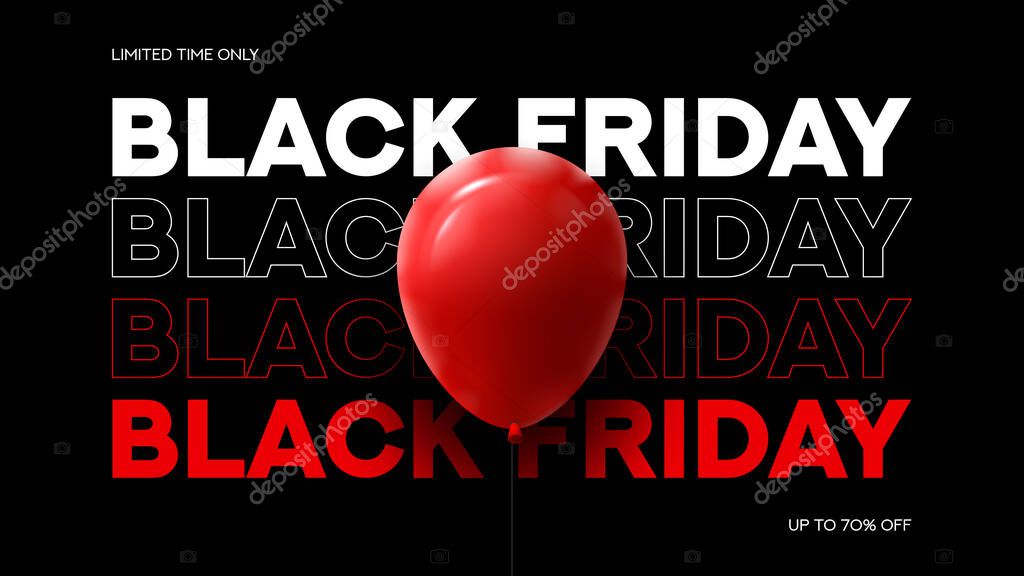 Black Friday typography banner. Modern minimal text symbol of Black Friday with red balloon and discount offer. Design template for Black Friday sale, promotion, advertising and social media ad.