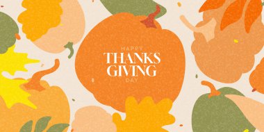 Şükran Günü bayrağınız kutlu olsun. Balkabağı ve sonbahar yapraklı moda Şükran Günü afişi - sosyal medya, tebrik kartları, promosyon ve reklam için mükemmel yatay arkaplan.