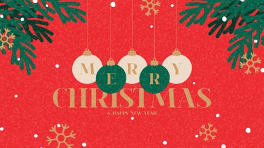 Mutlu Noeller ve mutlu yeni yıl afişleri. Noel ağacı dalları, toplar, kar taneleri ve tipografi tasarımı ile son moda vektör çizimi. Reklamlar, kapak, sosyal medya için yeni yıl afişi.