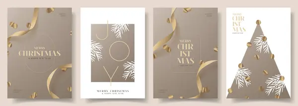 Noel ve Yeni Yıl zarif posterleri. Saten kurdeleli, altın konfetili ve tipografi tasarımlı modaya uygun vektör çizimi. Reklamlar, kapak, parti, sosyal medya ilanları.