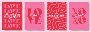 Moda Sevgililer Günü posterleri. Soyut desenli modern tipografik tasarım kavramı. Parti afişi, el ilanı, kutlama, reklam, kapak, satış için vektör posterleri.