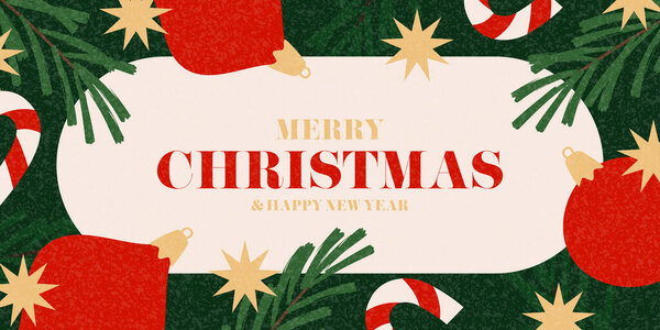 Яркое рождественское и новогоднее знамя. Модная векторная иллюстрация с рождественскими шарами, конфетами, звездами, новогодними елками и типографическим дизайном. Новогодний фон для открыток, обложек, социальных сетей.