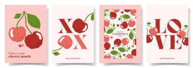 Sevgililer Günü posterleri. Şekil verilmiş kirazlar, kalpler, tipografi tasarımı olan vektör kartları kavramı. Parti afişi, broşürü, kutlaması, reklamları, markası, kapağı için moda sanat minimalist broşürleri..