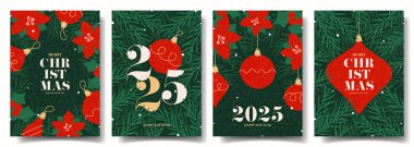 Noel tatili ve yeni yıl posterleri. Noel topları, çelenkler, Noel ağacı ve tipografi tasarımlı modaya uygun vektör çizimi. Kart, poster, kapak, sosyal medya broşürleri.