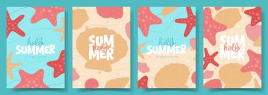 Merhaba Yaz kartları. Dekorasyon için el yapımı deniz kabukları ve deniz yıldızları olan yaratıcı vektör broşürleri. Yaz etkinliği, kart, pankart, kapak, reklam, tatil. Soluk renkli posterlerin minimal sanat tasarımı.