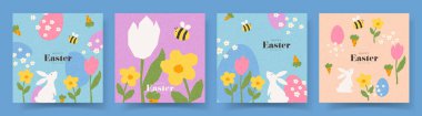 Mutlu Paskalya kartları koleksiyonu. Yaratıcı Paskalya vektör kartı, el çizimi tavşan, yumurta, bahar çiçeği, havuç, şirin arı. Parti, marka, kapak, kart, satış, etkinlik tasarımı için bayram afişi.