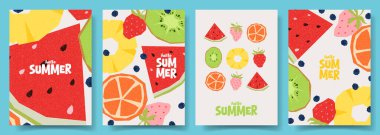 Yazlık kartların yaratıcı konsepti. Elle çizilmiş yaz meyveleri ve meyveleri üzerinde üst görünümü olan vektör çizimi. Parti, markalaşma, kapak, satış, etkinlik, tanıtım posterleri için yaz broşürleri tasarımı.