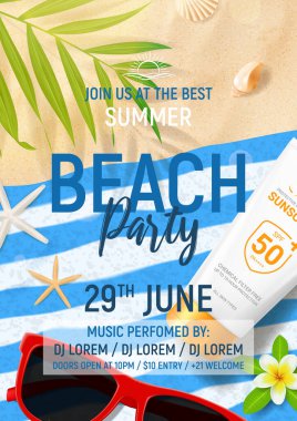 Summer Beach parti şablonu posteri. Plaj kumları, tropikal yapraklar, deniz kabukları, güneş gözlükleri. 3D nesnelerle düz bir vektör çizimi. Gece kulübü ve parti için el ilanı..