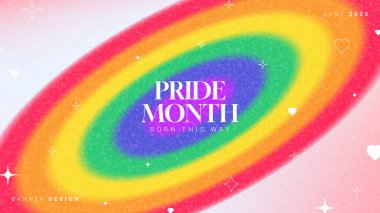 Mutlu Gurur Ayı afişleri. Bulanık gökkuşağı çemberli vektör estetik arka planı, eğimli arka plan, yıldızlar ve kalpler. Dekorasyon için LGBTQ kartı sosyal medya, etkinlikler, tatiller, partiler.