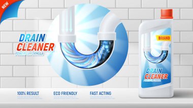 Kanalizasyon temizleyicisi reklamı. 3 boyutlu boru temizleyici ürün konsepti. Şişeli gerçekçi pankart, çamurla dolu boru, arka planda beyaz fayans. Lavabo hortumu için ürün reklamları temizleniyor.