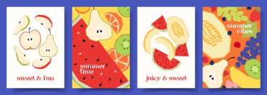 Yazlık posterlerin yaratıcı konsepti. Elle çizilmiş yaz meyveleri ve böğürtlenlerle vektör çizimi. Parti, markalaşma, kapak, satış, etkinlik ve tanıtım broşürleri..