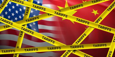 ABD ve Çin savaş konsepti ticareti yapıyor. ABD ve Çin arasındaki ekonomik ticaret savaşı. Sarı bantların altında harf tarifleriyle Amerikan ve Çin bayrakları sallayan gerçekçi illüstrasyonlar. 