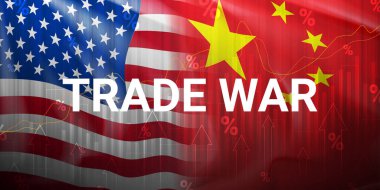 ABD ve Çin ticaret savaşı kavramı. ABD ve Çin arasındaki ekonomik ticaret savaşı. Büyüyen diyagramlar, çizelgeler. Gerçekçi Amerikan ve Çin Bayrakları sallayan vektör illüstrasyonu. 