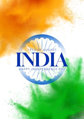 Hindistan 'ın Bağımsızlık Günü konsept kartı. Hindistan bayrağı renginde tozların soyut patlamaları. Hint Bağımsızlık Günü için vektör illüstrasyonu. Hindistan Günü, 15 Ağustos.