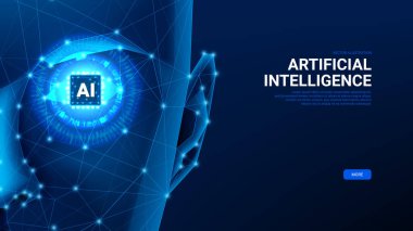 Yapay zeka kafası kavramı. Poligonal vektör pankartı, baş silueti ve göz yerine AI işlemci. Modern teknoloji. Yapay Zeka İnsansı Yüzü.