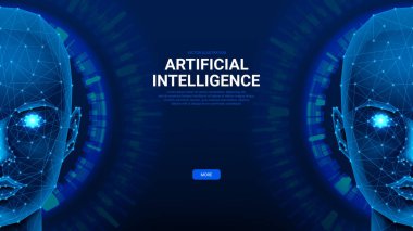 Yapay Zeka konsept afişi. Poligonal baş siluetleri olan vektör pankartı. Modern teknoloji. Yapay zeka insansılarının yüzleri.