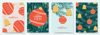 Mutlu Noeller ve yeni yıl broşürleri. Noel dekorasyonu ve tipografi tasarımı ile son moda vektör çizimi. Çağdaş minimalist yeni yıl broşürleri kart, poster, kapak, sosyal medya.