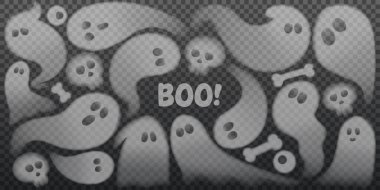 Kareli arka planda izole edilmiş bir grup şirin hayalet. Cadılar Bayramı dekorasyonu için şeffaf hayaletler koleksiyonu. 3D korkunç hortlakların veya hayaletlerin vektör çizimi. Bir grup şirin ruh veya hayalet..