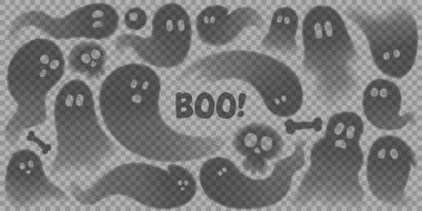 Cadılar Bayramı için saydam hayaletler. Cadılar Bayramı süsü olarak hayaletlerin saydam gölgelerinin toplanması. 3D korkunç hortlakların veya hayaletlerin vektör çizimi. Bir grup şirin ruh veya hayalet..