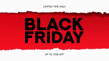 Kara Cuma minimalist geçmişi. Beyaz yırtık kağıt ve indirim teklifiyle modern tipografi Kara Cuma afişi. Kara Cuma satış, promosyon, reklamlar ve sosyal medya reklamları için şablon.