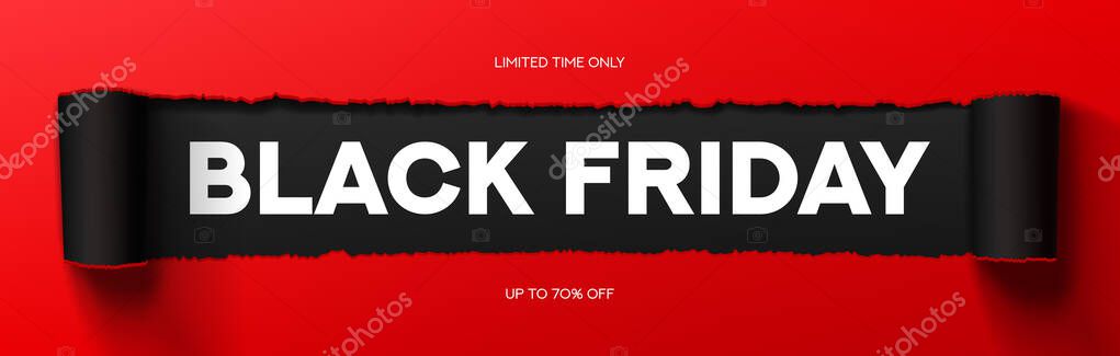 Black Friday banner template. Realistic red and black strip of torn paper with lettering Black Friday and discount offer. Design template for Black Friday sale, promotion, ads and social media.