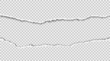 Vektörsüz yırtık kağıt şablonu. Yatay yırtık beyaz kenarlar, kareli arka planda izole edilmiş. Üst üste efektli desenli kağıt. Üç boyutlu vektör çizim şablonu.