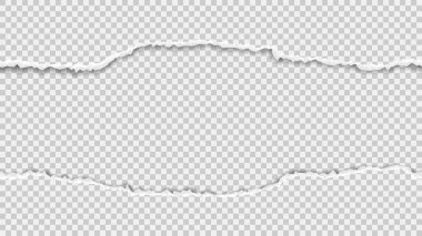 Kusursuz yırtık kağıt şablonu. Yatay yırtık beyaz kenarlar, kareli arka planda izole edilmiş. Üst üste efektli desenli kağıt. Üç boyutlu vektör çizim şablonu.