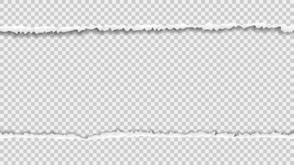 Векторная бесшовная порванная бумага. Горизонтальные разорванные белые края изолированы на клетчатом фоне. Текстурированная рваная бумага с эффектом наложения. Трехмерный векторный шаблон.