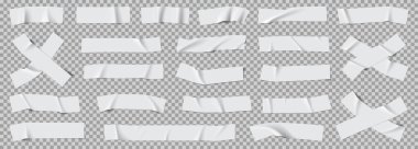 Gerçekçi beyaz yapıştırıcı bant parçaları hazır. Arkaplanda izole edilmiş yapışkan koli bandı parçaları. Yırtık yapışkan parçalar. Koli bandı koleksiyonu. Vektör illüstrasyonu.