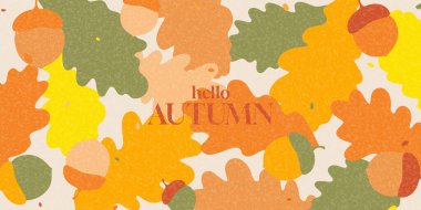 Merhaba sonbahar afişi konsepti. Meşe palamutlu modern sonbahar arka planı, mevsimsel satışta meşe yaprakları, reklamcılık, afiş, tanıtım, tebrik kartları, sosyal medya. Vektör illüstrasyonu.