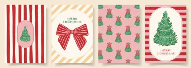 Klasik Noel ve Yeni Yıl posterleri. Yaylı Noel kartları, köknar ağaçları, çelenkler, çizgili desenler ve tipografi tasarımı. Modern minimalist yeni yıl broşürleri markalaşma, kapak, reklamlar.