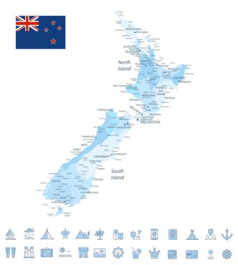 Yeni Zelanda Harita ve Seyahat Düz Simgeleri Leke Mavi Renkli. Vektör illüstrasyonu.