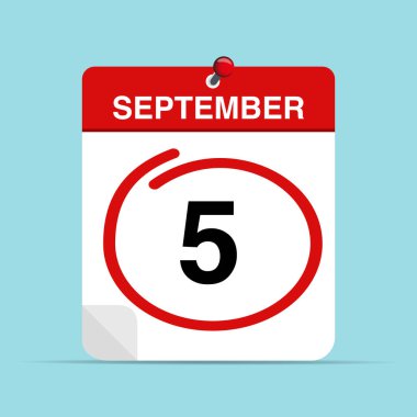 5 Eylül takvim yaprağı, üzerinde kırmızı bir işaret var. Vektör illüstrasyonu.