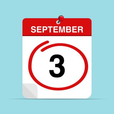 3 Eylül takvim yaprağının etrafında kırmızı bir işaret var. Vektör illüstrasyonu.