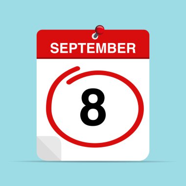 8 Eylül takvim yaprağı, üzerinde kırmızı bir işaret var. Vektör illüstrasyonu.