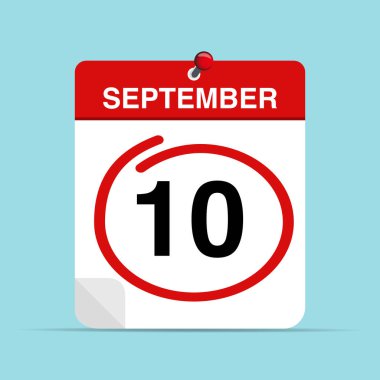 10 Eylül takvim yaprağı, üzerinde kırmızı bir işaret var. Vektör illüstrasyonu.