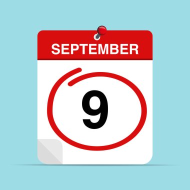 9 Eylül takvim yaprağı, üzerinde kırmızı bir işaret var. Vektör illüstrasyonu.