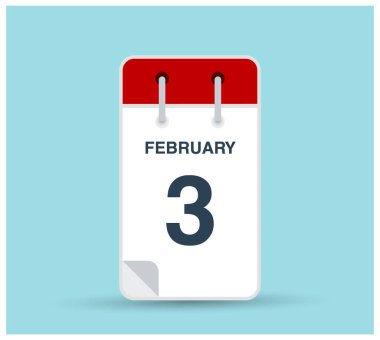 3 Şubat takvim simgesi arkaplanda izole edildi. Kırmızı takvim vektör şablonu ile haftanın günü ve ayın Şubat vektörü. Dikey yönelim.