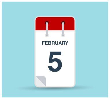 5 Şubat takvim simgesi arkaplanda izole edildi. Kırmızı takvim vektör şablonu ile haftanın günü ve ayın Şubat vektörü. Dikey yönelim.