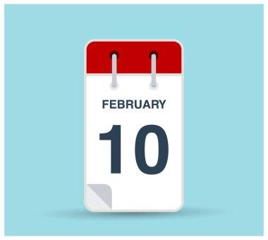 10 Şubat takvim simgesi arkaplanda izole edildi. Kırmızı takvim vektör şablonu ile haftanın günü ve ayın Şubat vektörü. Dikey yönelim.