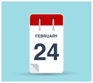 Arkaplanda 24 Şubat takvim simgesi izole edildi. Haftanın ve ayın kırmızı günü için Şubat vektörü. Takvim tasarım vektör şablonu. Dikey yönelim.