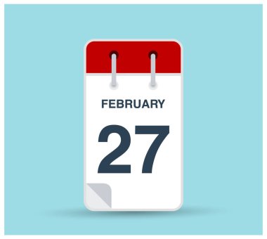 27 Şubat takvim simgesi arka planda izole edildi. Haftanın ve ayın kırmızı günü için Şubat vektörü. Takvim tasarım vektör şablonu. Dikey yönelim.