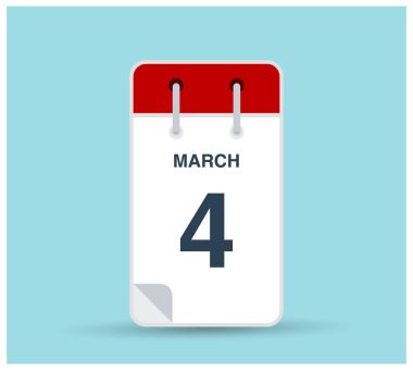 4 Mart takvim simgesi arkaplanda izole edildi. Haftanın her günü ve ayın kırmızı renginde Mart vektörü. Takvim tasarım vektör şablonu. Dikey yönelim.