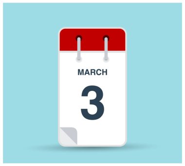 3 Mart takvim simgesi arkaplanda izole edildi. Haftanın her günü ve ayın kırmızı renginde Mart vektörü. Takvim tasarım vektör şablonu. Dikey yönelim.